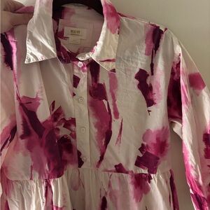 Maeve Pink and White Watercolor Button-Front Dress